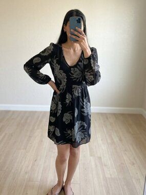 JustFab Black & White Paisley Mini Dress | Sheer Sleeve | Small